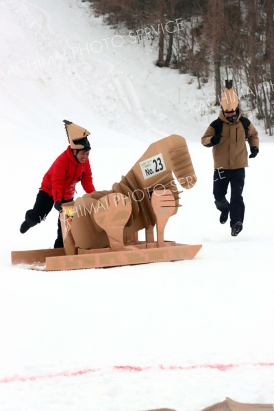 ユニークなそりで斜面を滑走する参加者（１５日午後０時２０分ごろ）